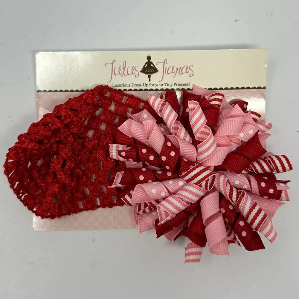 Tutus and Tiaras Baby Headband Red Crochet Korker Ribbon Bow Pink White Polkadot